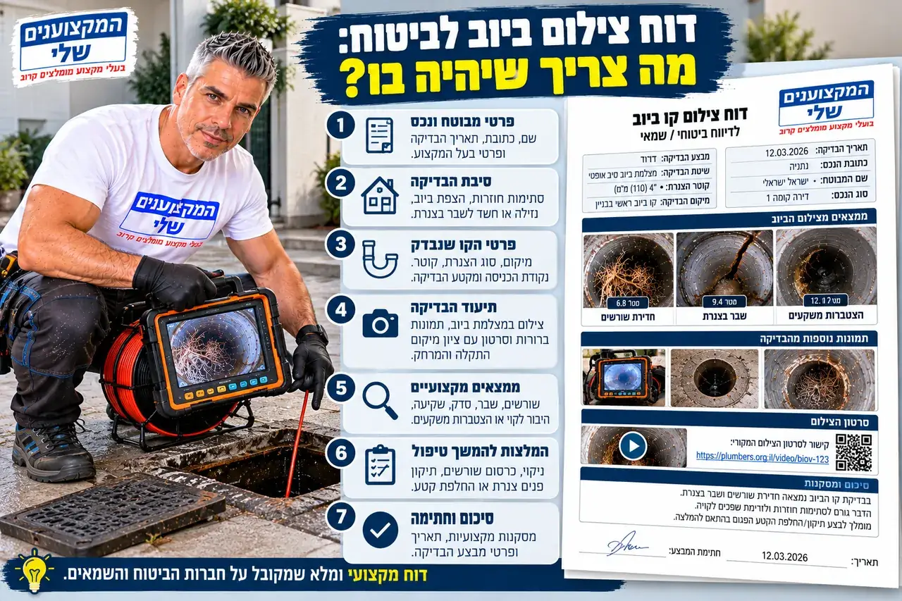 דוח צילום קו ביוב לחברת הביטוח עם ממצאים ומיקום, המקצוענים שלי