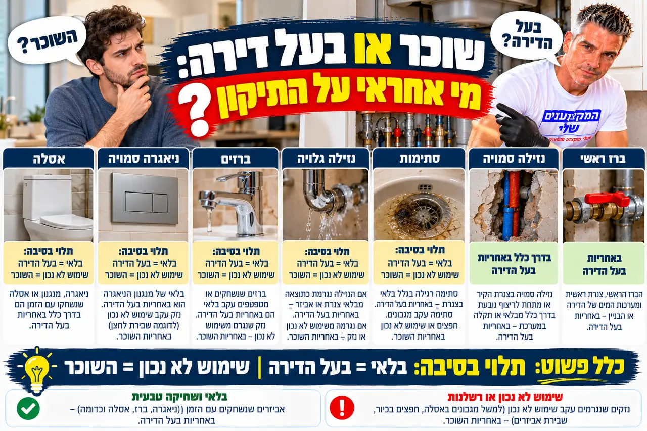 מי אחראי על תיקון אינסטלציה בדירה שכורה: בלאי באחריות בעל הדירה, שימוש לא נכון באחריות השוכר, המקצוענים שלי