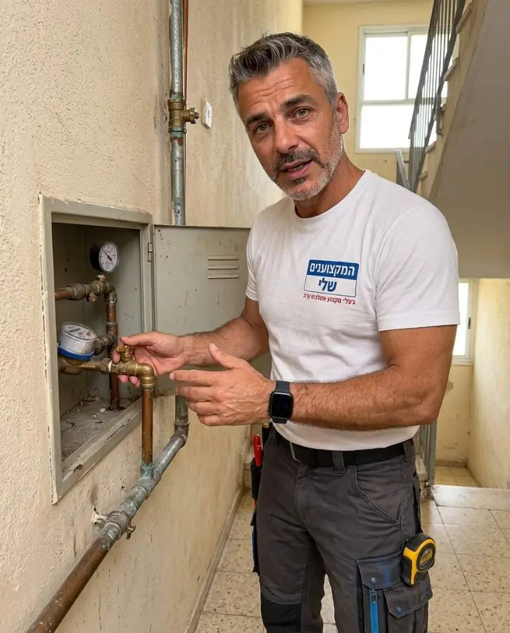בדיקת הברז הראשי ושעון המים בארון בחדר המדרגות