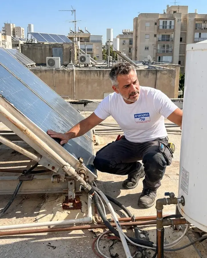 בדיקת קולט שמש וצנרת הדוד על גג בניין