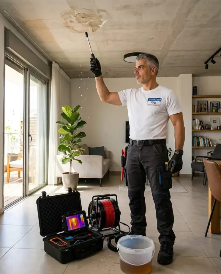 בדיקת כתם רטיבות בתקרה שמקורו בדירת השכן מלמעלה