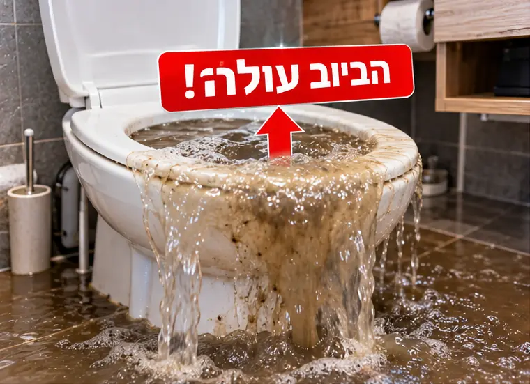 ביוב עולה מהאסלה ומציף את רצפת חדר הרחצה