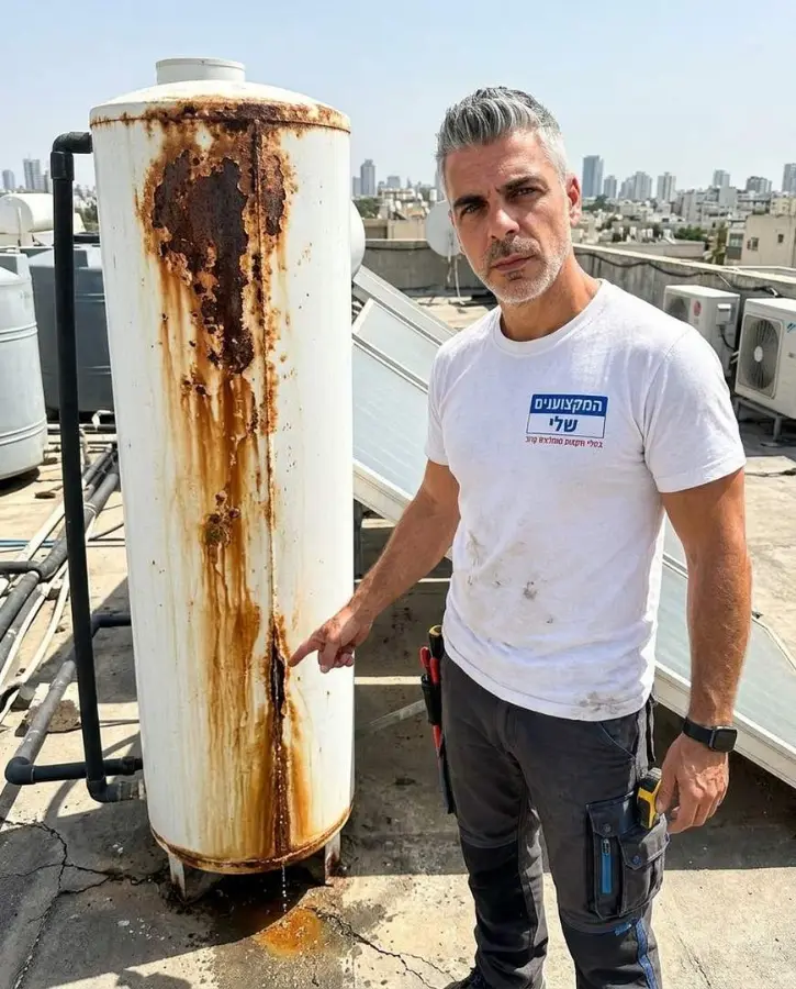 דוד שמש חלוד שדולף מהמיכל על גג בניין