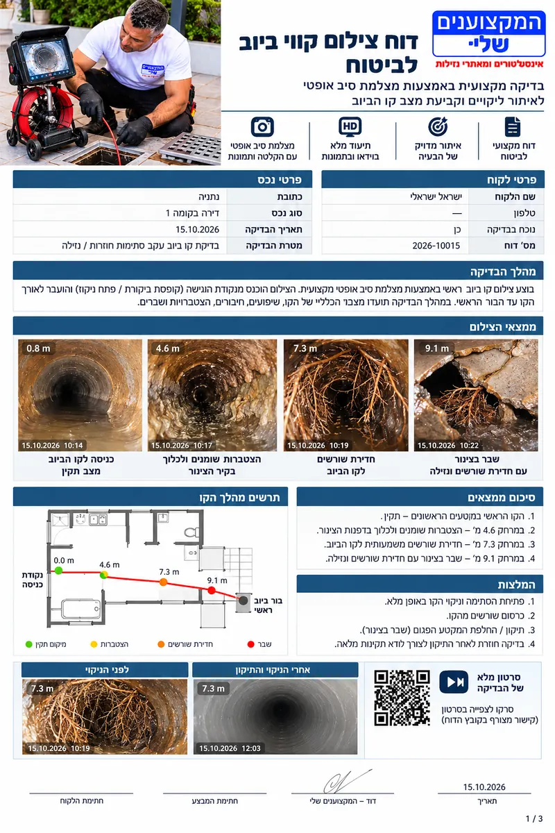 דוגמה לדוח צילום קו ביוב לביטוח עם ממצאים, מרחקים, תרשים והמלצות