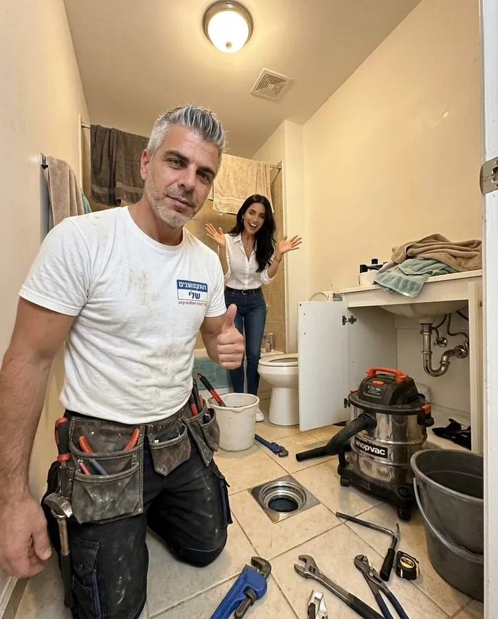 מחסום רצפה פתוח ונקי אחרי פתיחת סתימה, שואב מים וכלי עבודה בחדר האמבטיה