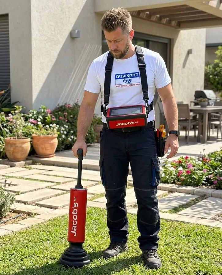 אינסטלטור מחזיק בדיקן של גלאי גז על הדשא ליד שביל מרוצף