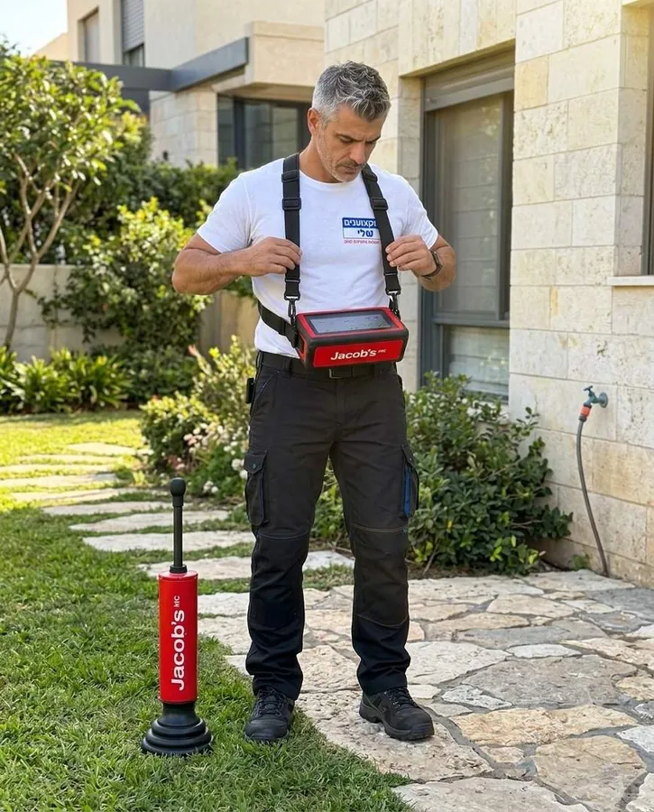 אינסטלטור מכין את גלאי הגז לבדיקה ליד שביל אבן בגינה, הבדיקן מונח על הדשא