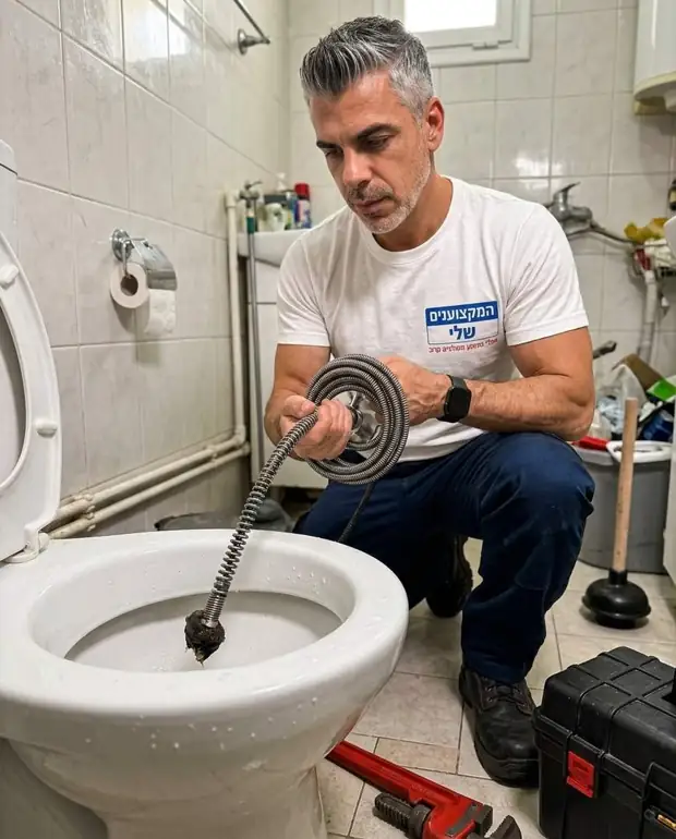 אינסטלטור מחזיק ספירלה עם הסתימה שהוצאה מהאסלה