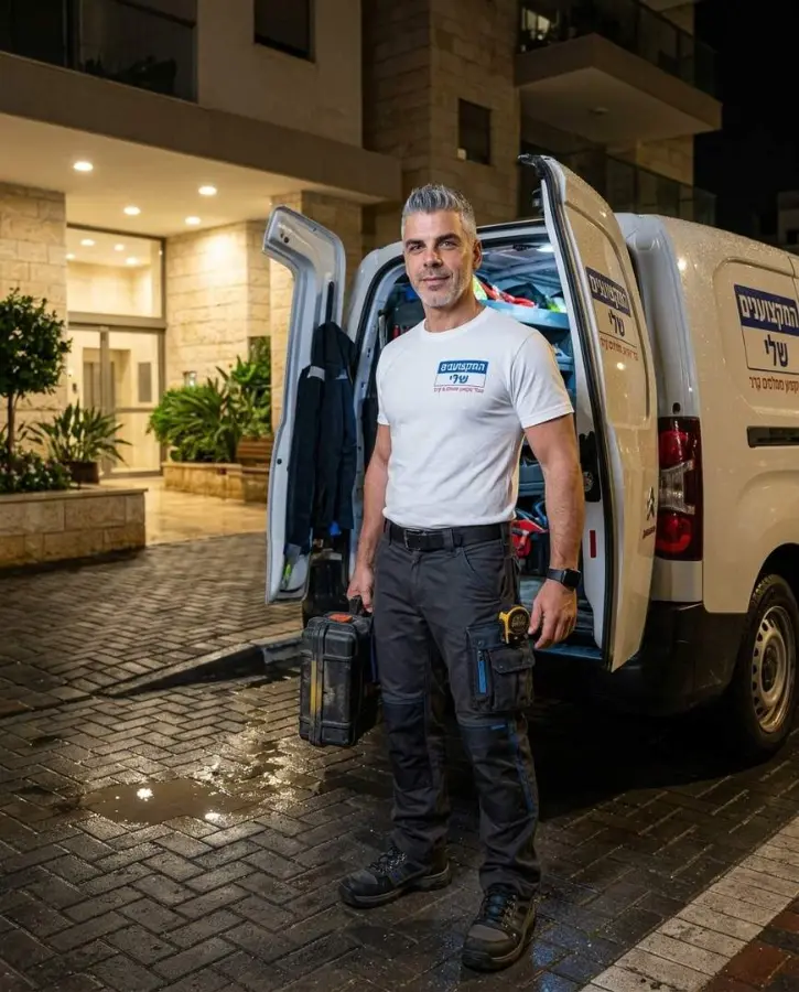 אינסטלטור חירום מגיע בלילה עם רכב שירות וציוד לבניין בנתניה