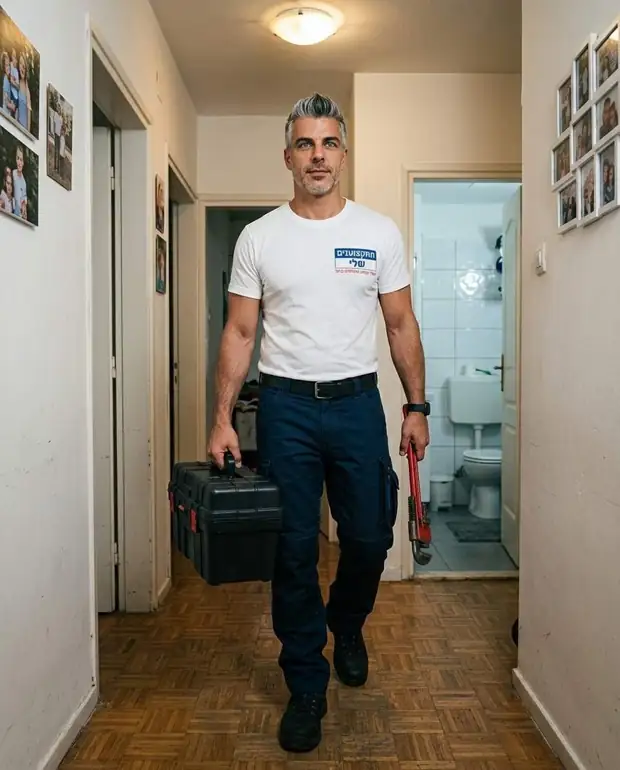 אינסטלטור מגיע עם ארגז כלים לפתיחת סתימה באסלה בדירה