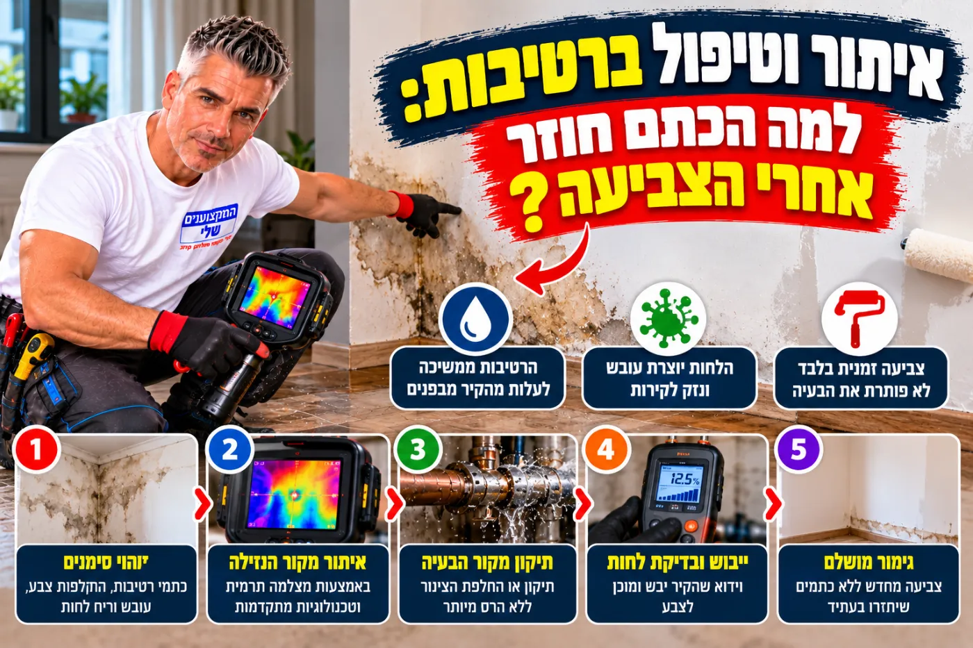 איתור וטיפול ברטיבות: למה הכתם חוזר אחרי הצביעה, 5 שלבים מאיתור במצלמה תרמית ועד גימור מושלם