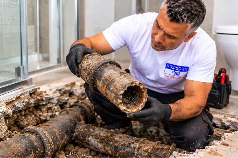 קטע של צינור ביוב ישן מברזל יציקה שהוצא מתחת לרצפה