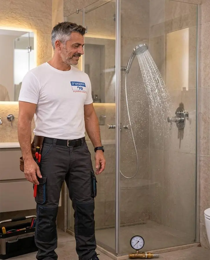 זרימה חזקה במקלחת עם שעון לחץ אחרי טיפול בלחץ המים