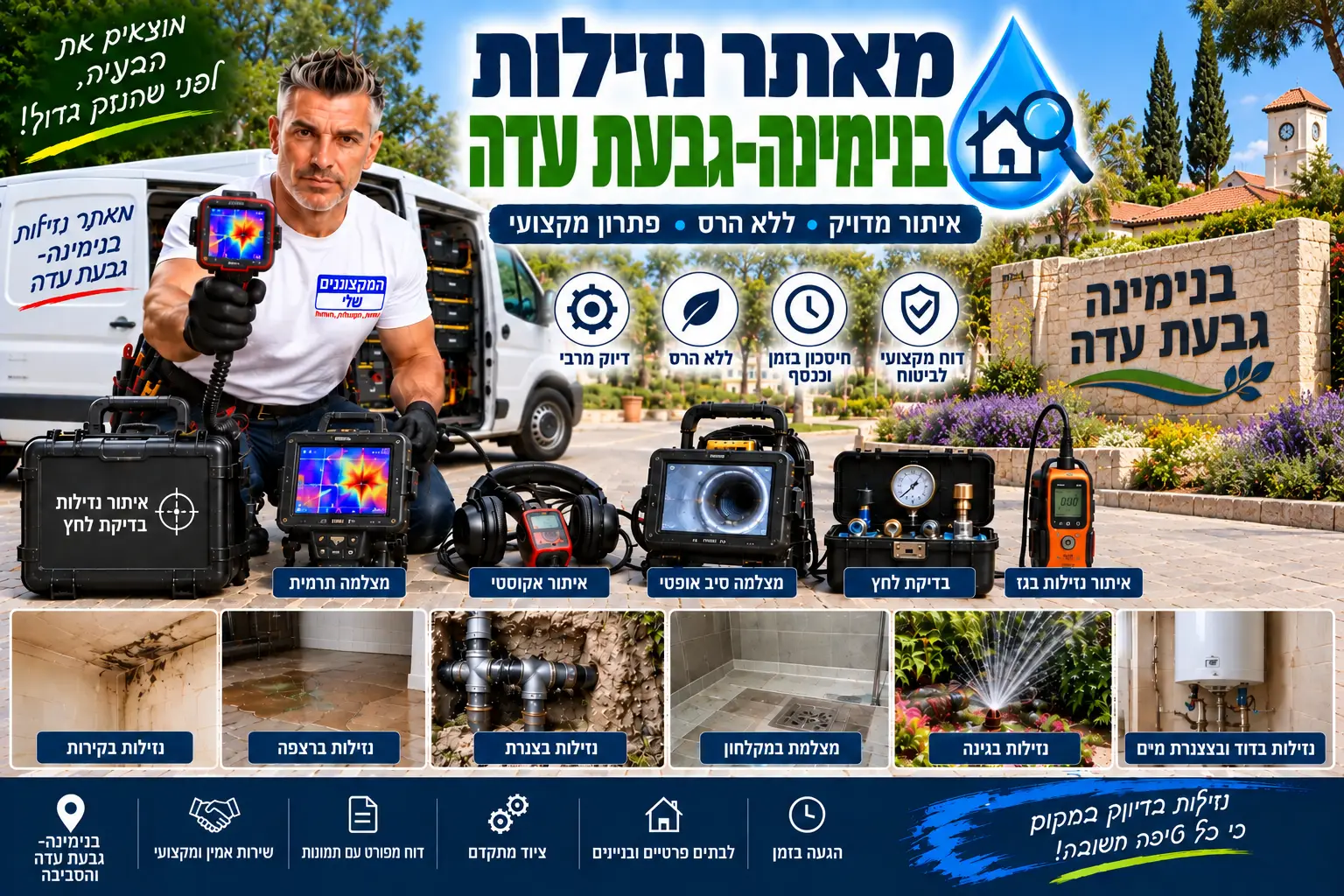 מאתר נזילות בבנימינה-גבעת עדה – המקצוענים שלי: איתור נזילות ללא הרס מיותר במצלמה תרמית, גלאי אקוסטי, גז עוקב ובדיקת לחץ, דוח לביטוח