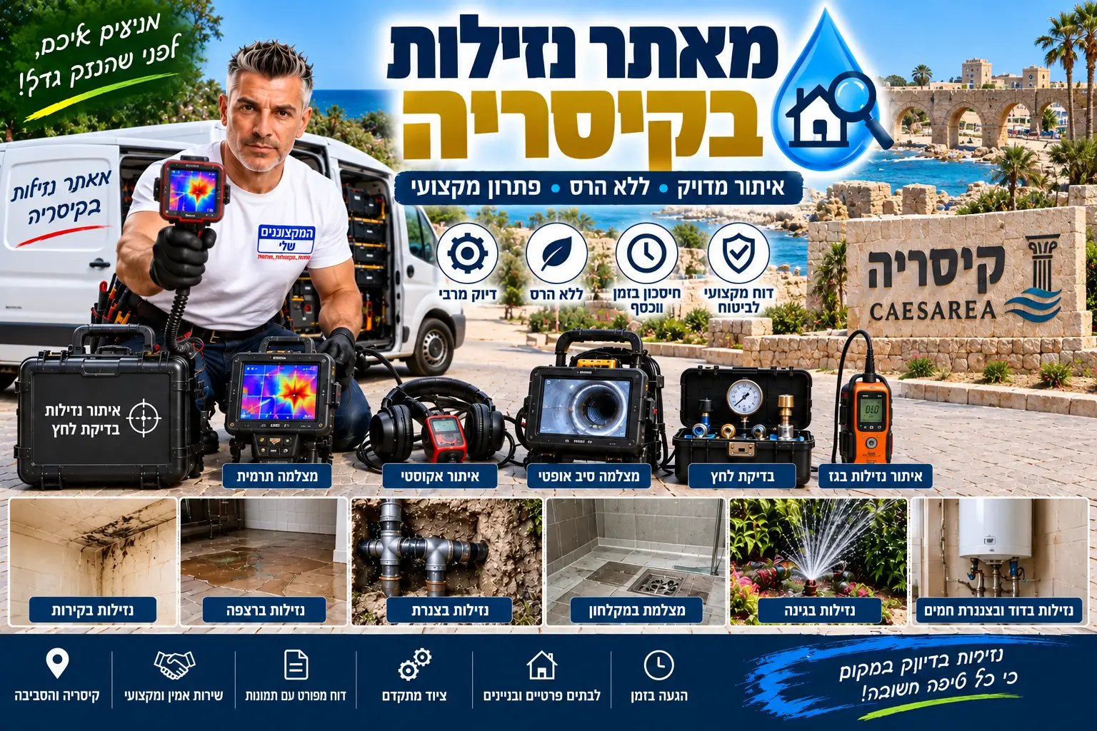 מאתר נזילות בקיסריה – המקצוענים שלי: איתור נזילות ללא הרס מיותר במצלמה תרמית, גלאי אקוסטי, גז עוקב ובדיקת לחץ, דוח לביטוח