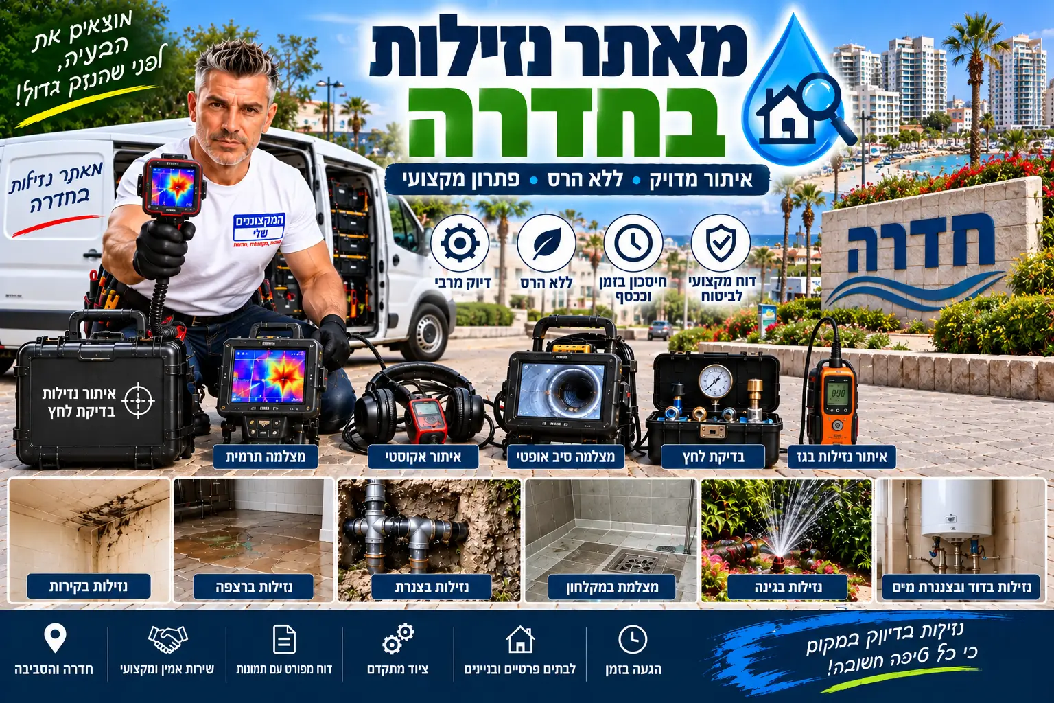 מאתר נזילות בחדרה – המקצוענים שלי: איתור נזילות ללא הרס מיותר במצלמה תרמית, גלאי אקוסטי, גז עוקב ובדיקת לחץ, דוח לביטוח