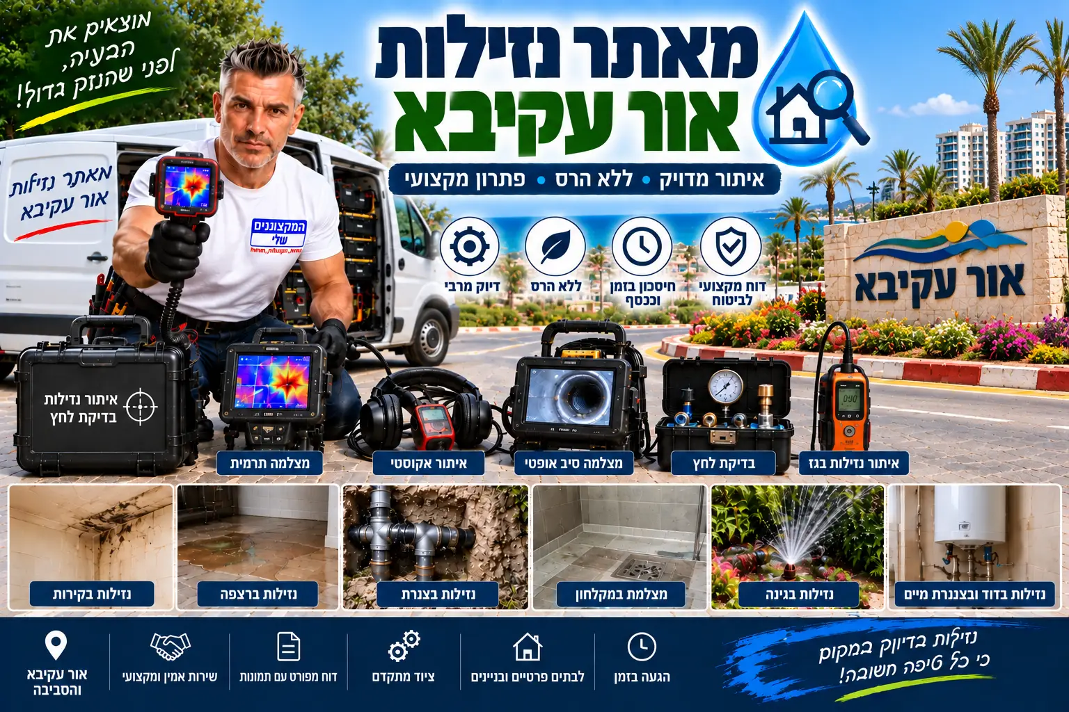 מאתר נזילות באור עקיבא – המקצוענים שלי: איתור נזילות ללא הרס מיותר במצלמה תרמית, גלאי אקוסטי, גז עוקב ובדיקת לחץ, דוח לביטוח