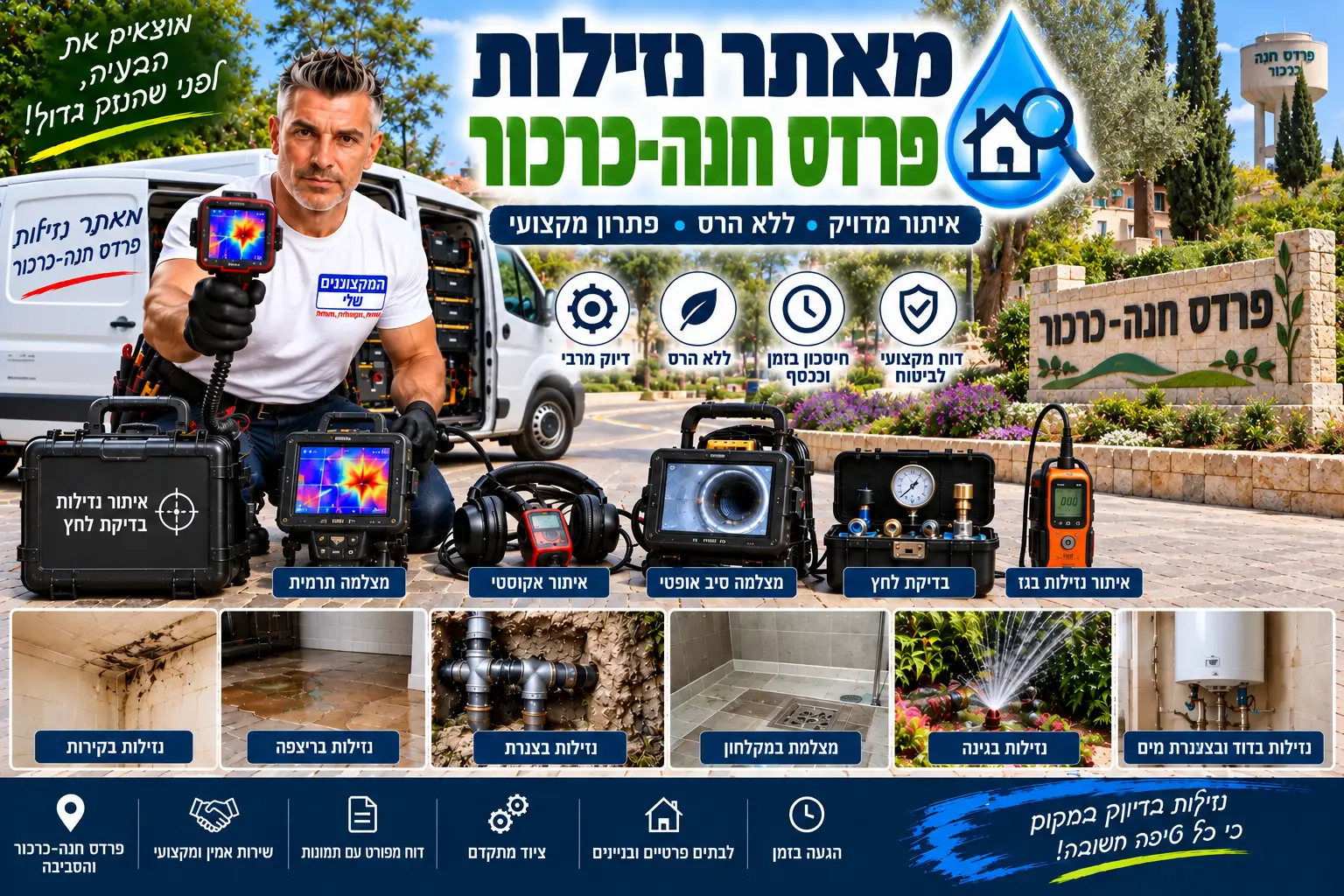 מאתר נזילות בפרדס חנה-כרכור – המקצוענים שלי: איתור נזילות ללא הרס מיותר במצלמה תרמית, גלאי אקוסטי, גז עוקב ובדיקת לחץ, דוח לביטוח