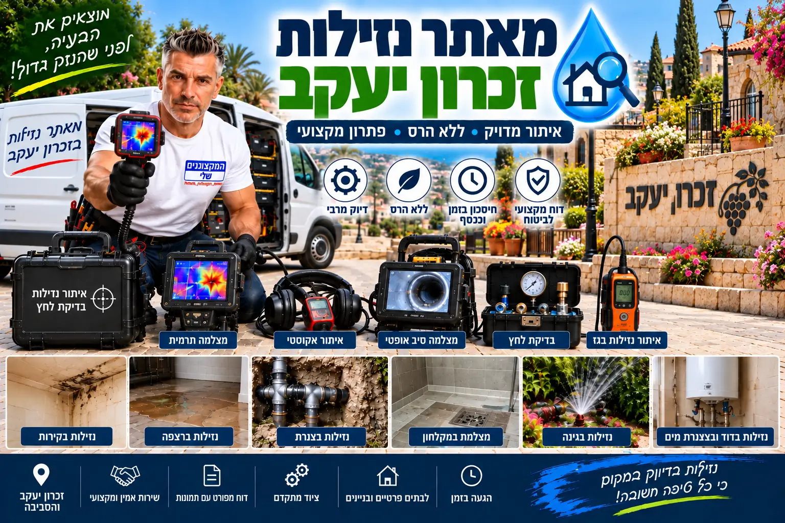מאתר נזילות בזכרון יעקב – המקצוענים שלי: איתור נזילות ללא הרס מיותר במצלמה תרמית, גלאי אקוסטי, גז עוקב ובדיקת לחץ, דוח לביטוח