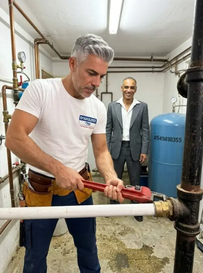 עבודה ליד משאבת לחץ ומיכל בחדר המכונות