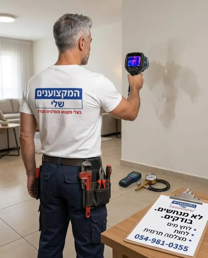 מצלמה תרמית על קיר הסלון לאיתור נזילה בתוך הקיר