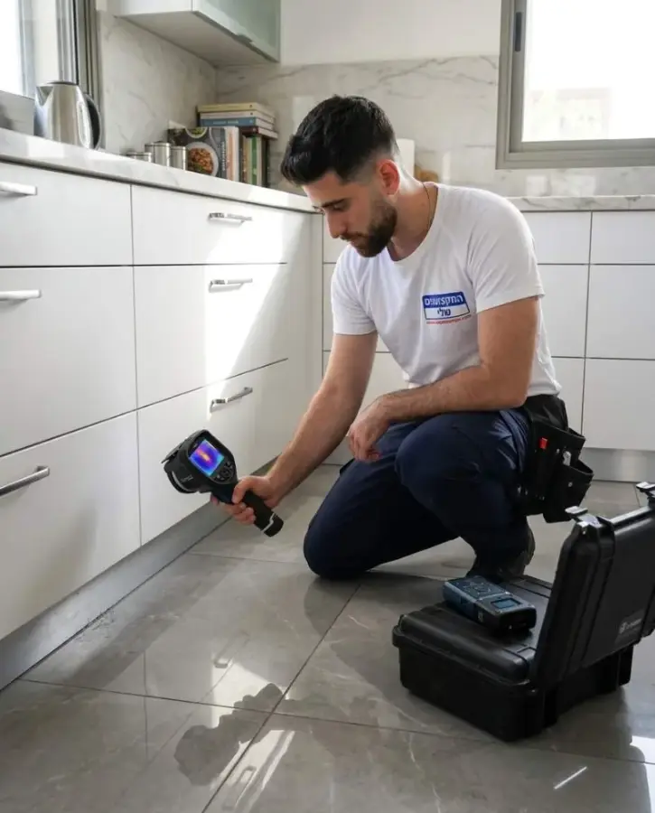 בדיקת רצפת מטבח במצלמה תרמית לאיתור נזילה