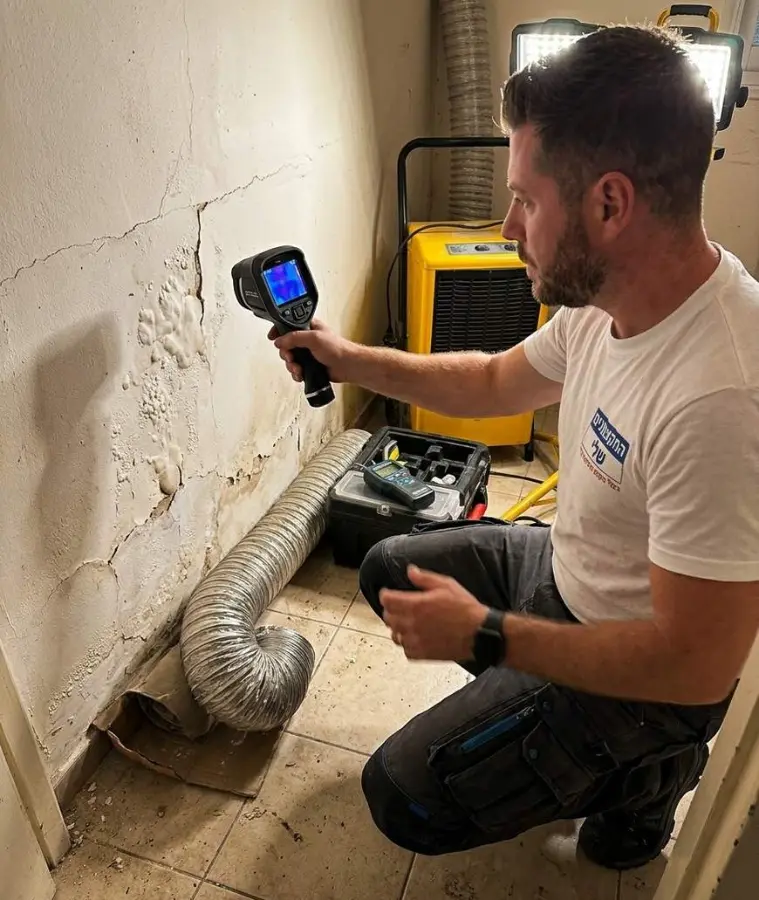 בדיקת קיר רטוב במצלמה תרמית ליד מכונת ייבוש ומפוח