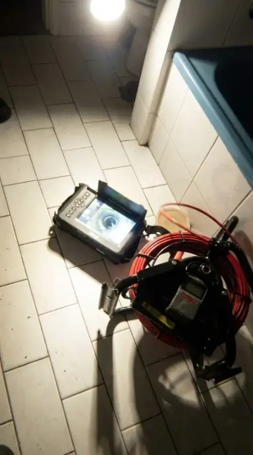 מצלמת ביוב ומסך צפייה על רצפת חדר רחצה