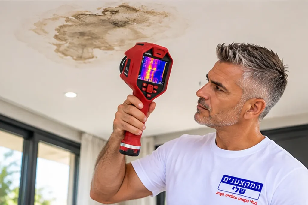 מאתר נזילות מהמקצוענים שלי בודק כתם רטיבות בתקרה עם מצלמה תרמית