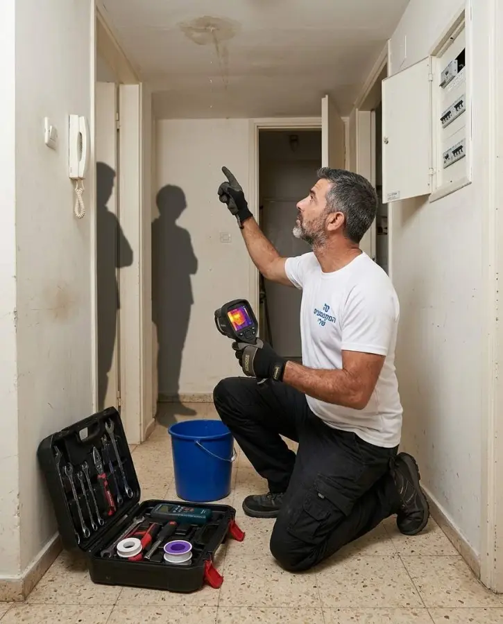אינסטלטור מאתר נזילה מהתקרה במסדרון בעזרת מצלמה תרמית בקריאת חירום