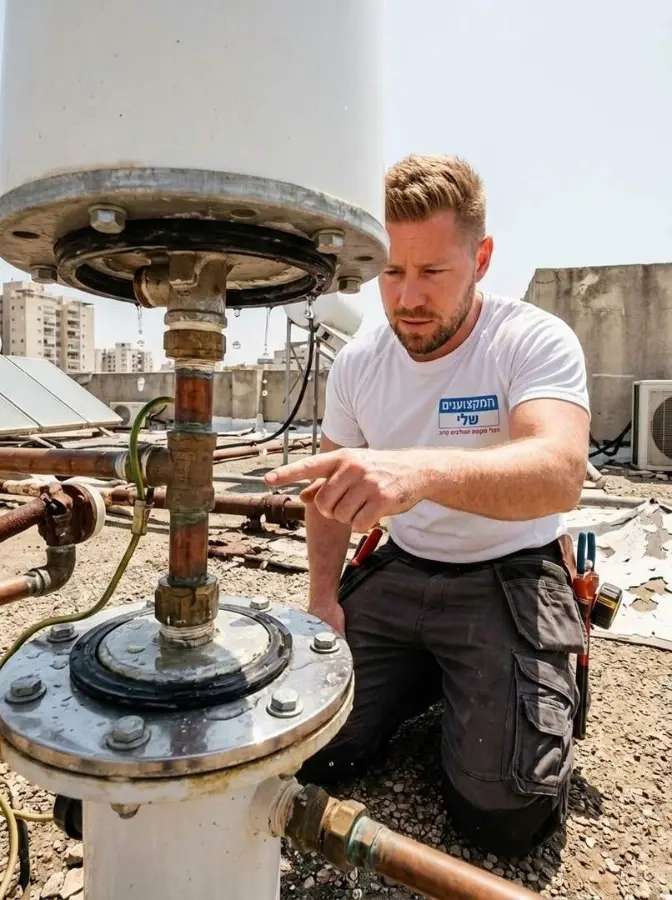 נזילה מהפלאנג׳ והחיבורים בתחתית דוד שמש על הגג
