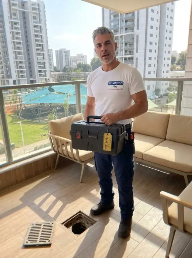 ניקוז רצפה פתוח במרפסת לפני שחרור סתימה