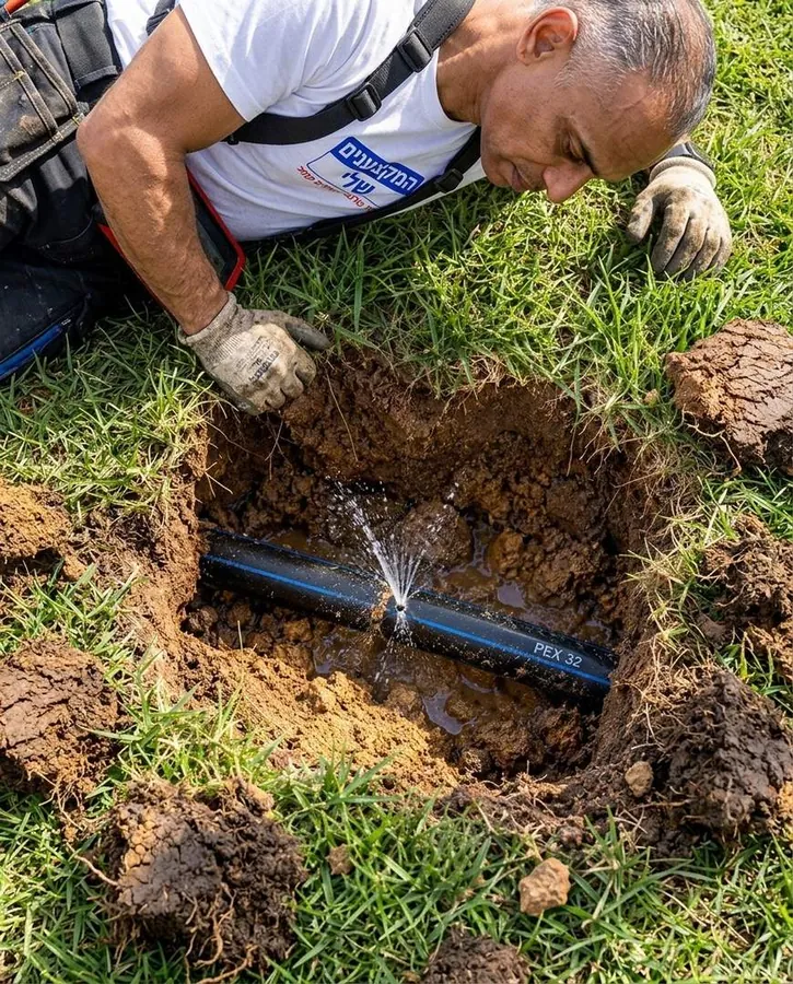 תקריב של צינור PEX 32 שחור עם סילון מים קטן בתוך בור חפירה בדשא