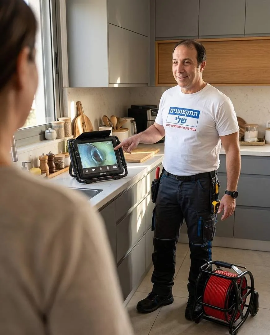 אינסטלטור מסביר ללקוחה מה רואים במסך מצלמת הצנרת בבדיקת ניקוז במטבח