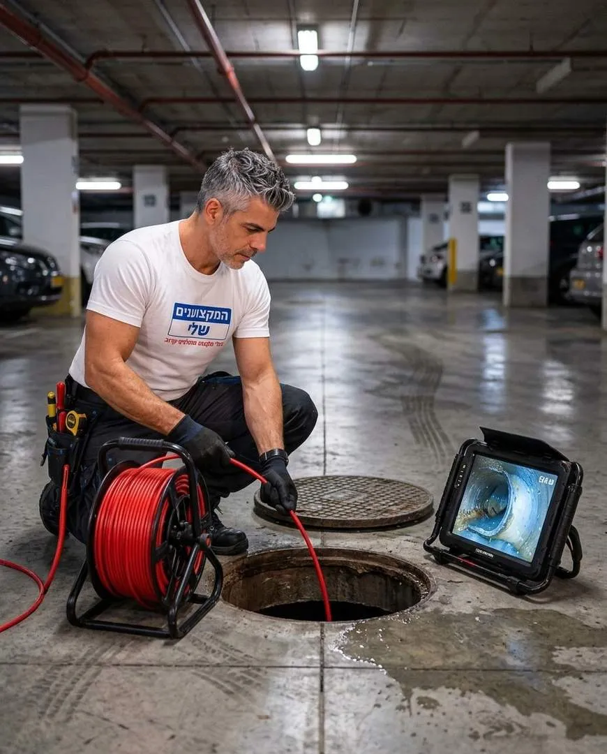 בדיקת קו ביוב עם מצלמת צנרת דרך שוחה בחניון של בניין