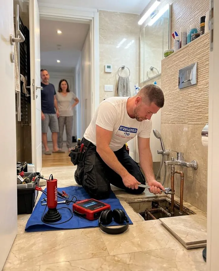 אינסטלטור מתקן צנרת נחושת בפתח קטן ברצפת חדר רחצה, ציוד האזנה ואוזניות מונחים לצידו