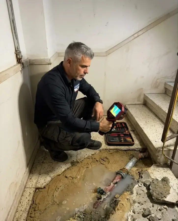 צינור מים מפוצץ בחדר מדרגות ואיתור במצלמה תרמית