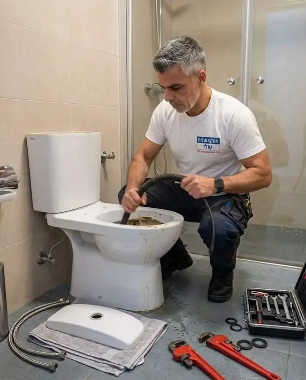 פתיחת סתימה באסלה רגילה עם ספירלה אחרי פירוק מיכל ההדחה