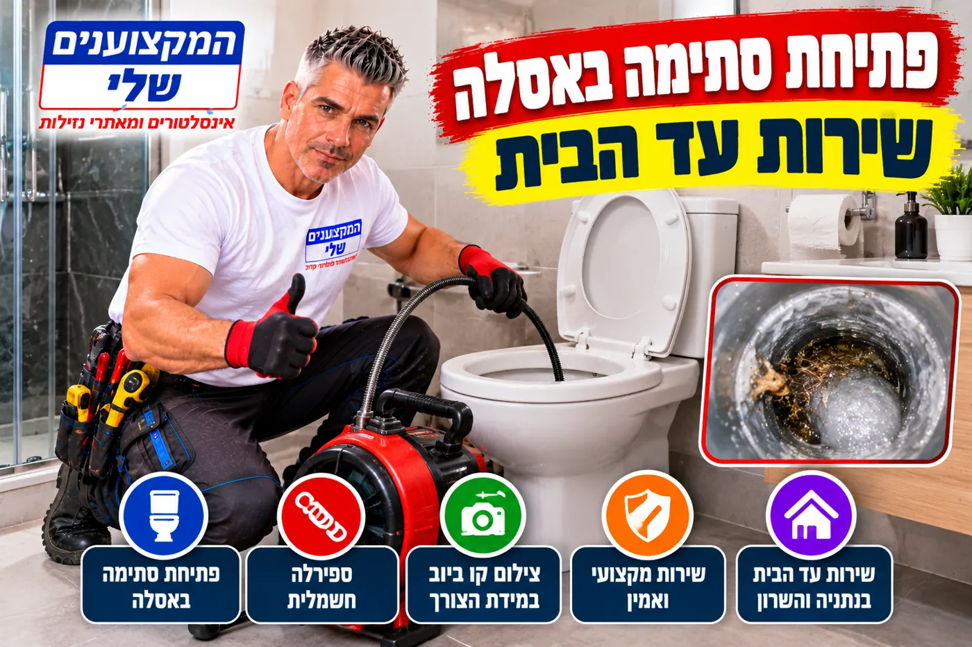 פתיחת סתימה באסלה, שירות עד הבית בנתניה ובכל האזור, מזכרון יעקב ועד רמת השרון: ספירלה חשמלית, צילום קו ביוב במידת הצורך ושירות מקצועי