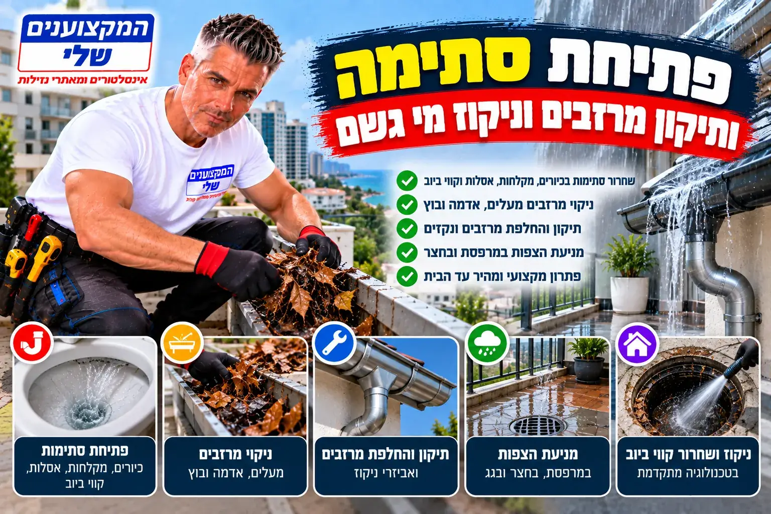 פתיחת סתימה ותיקון מרזבים, המקצוענים שלי, ניקוי מרזבים מעלים ובוץ, תיקון מרזבים ומניעת הצפות מזכרון יעקב ועד רמת השרון