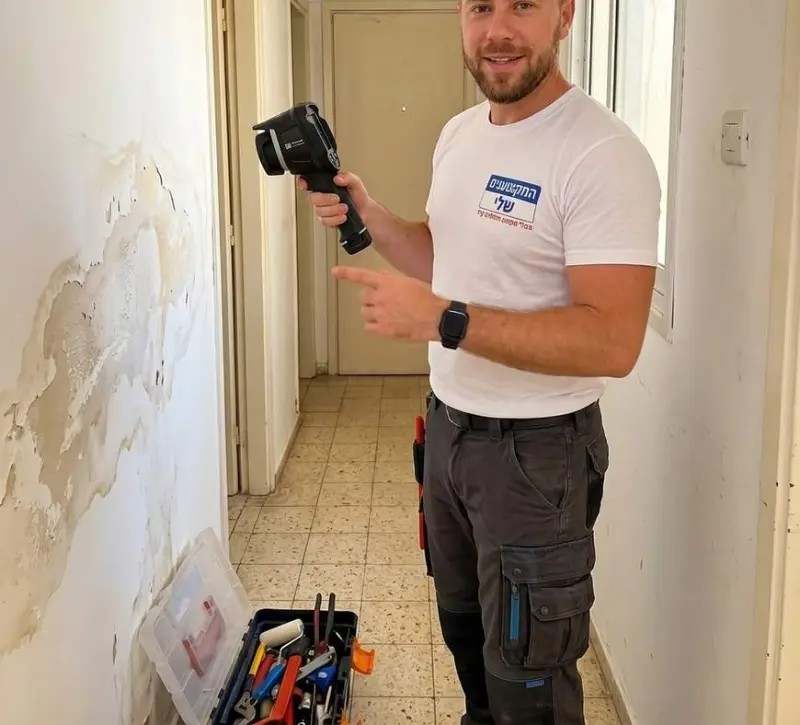 אינסטלטור עם מצלמה תרמית מול קיר רטוב ומתקלף במסדרון