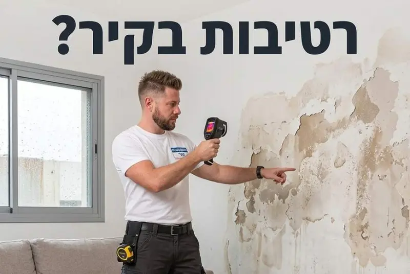 אינסטלטור בודק קיר רטוב בסלון עם מצלמה תרמית