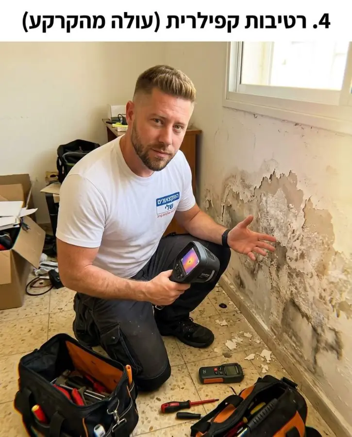 רטיבות קפילרית שעולה מהקרקע בתחתית הקיר ובדיקה במצלמה תרמית