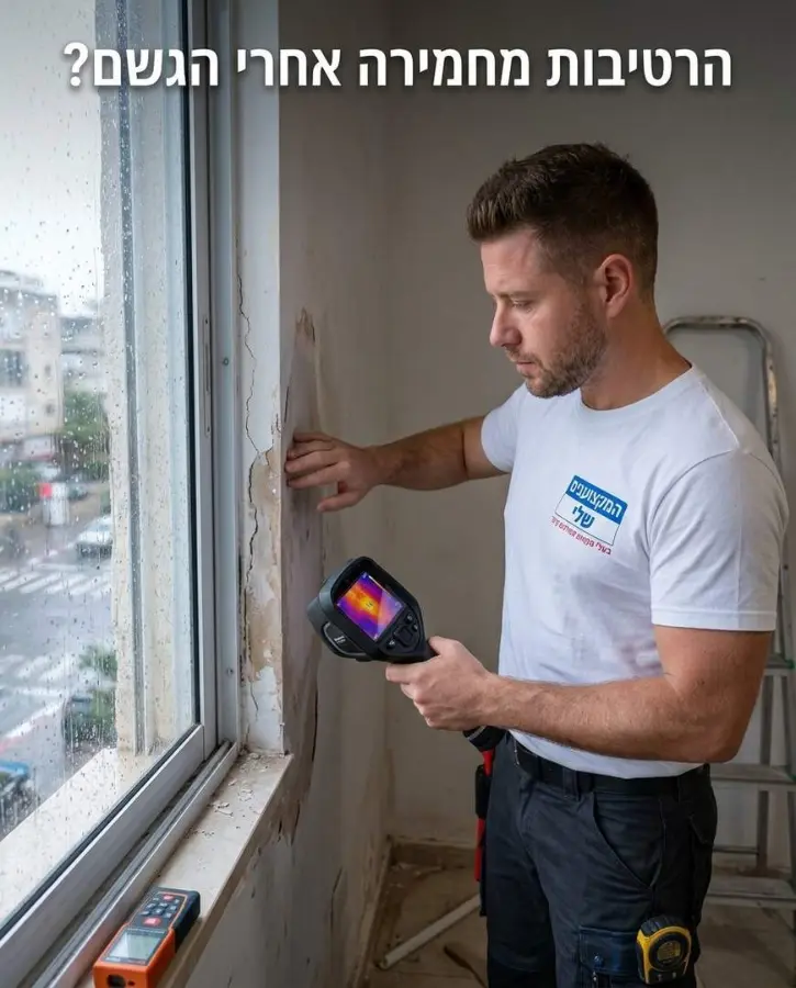 רטיבות ליד החלון שמחמירה אחרי הגשם ובדיקה במצלמה תרמית