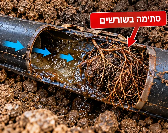 איור של קו ביוב שחסום בשורשים