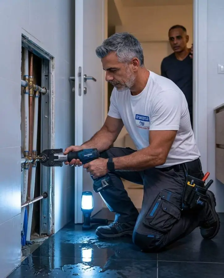 תיקון דחוף של צינור בתוך הקיר עם מכונת לחיצה בחדר רחצה מוצף