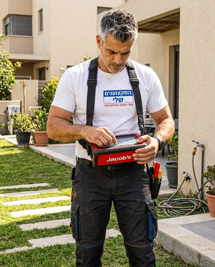 אינסטלטור קורא את מסך גלאי הגז בזמן סריקת קו מים בגינה