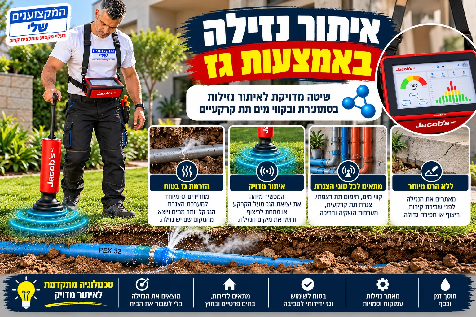 איתור נזילה באמצעות גז סימון: אינסטלטור של המקצוענים שלי סורק דשא עם גלאי גז מעל צינור PEX תת קרקעי