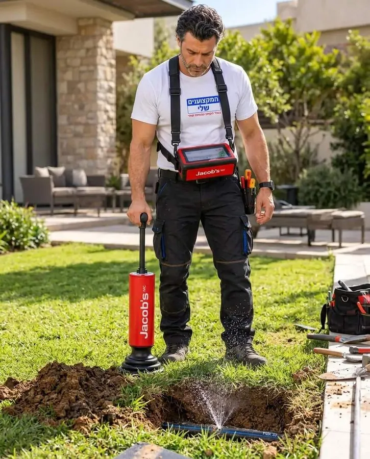 אינסטלטור עם גלאי גז ובדיקן ליד בור קטן שבו נחשפה הנזילה בצינור