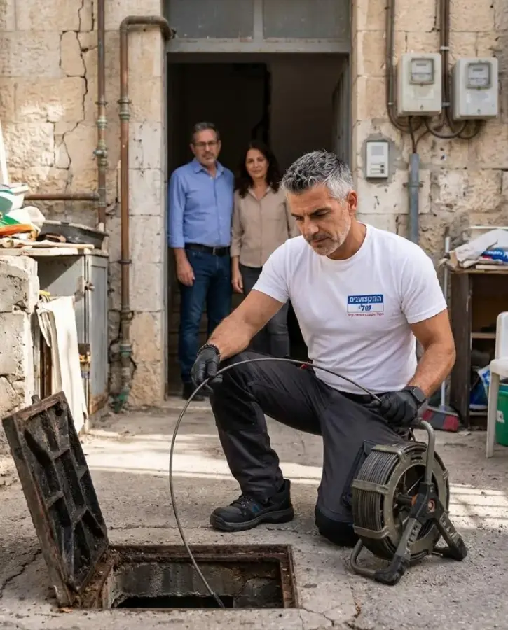 צילום קו ביוב במצלמה דרך שוחה בחצר